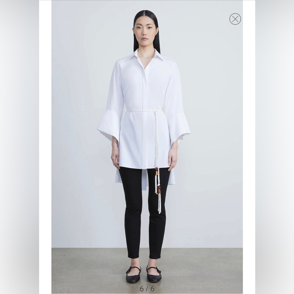 Lafayette 148 New York l S Macramé Belted Poplin Tunic Flared Cuff Drop-Tail Hem